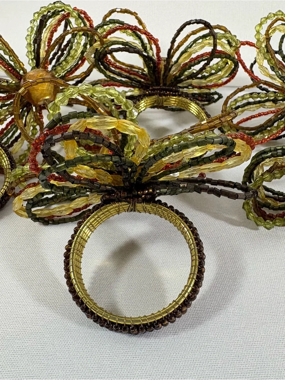 Set of 8 Pier 1 Beaded Flower Napkin Rings - Fall Boho Gold Green Thanksgiving